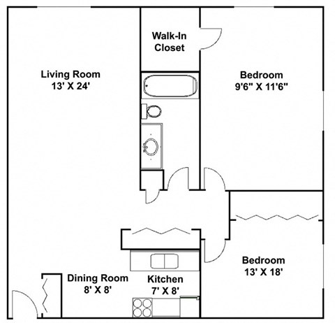 A floor plan of a small apartment with a living room, dining room, kitchen, and two bedrooms.