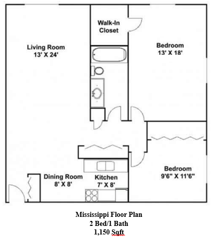 Two bedroom, two bathroom Mississippi floor plan at River 10 Apartments with 1,150 square feet.