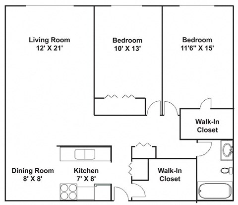 A black and white image of a floor plan for a small apartment.