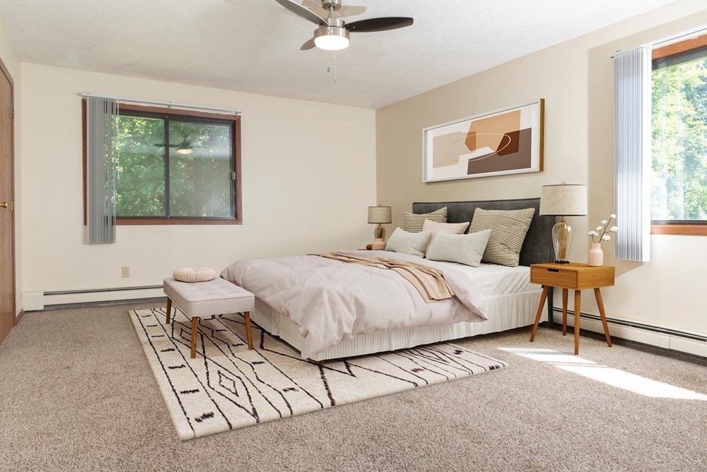 a bedroom with a bed and a rug