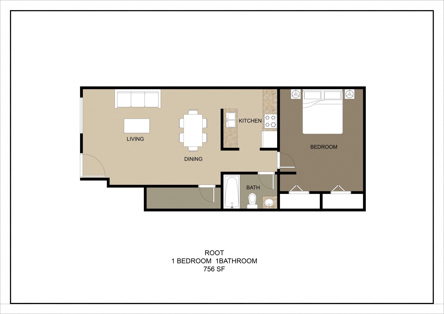 A floor plan of a one bedroom, 1 bathroom apartment.