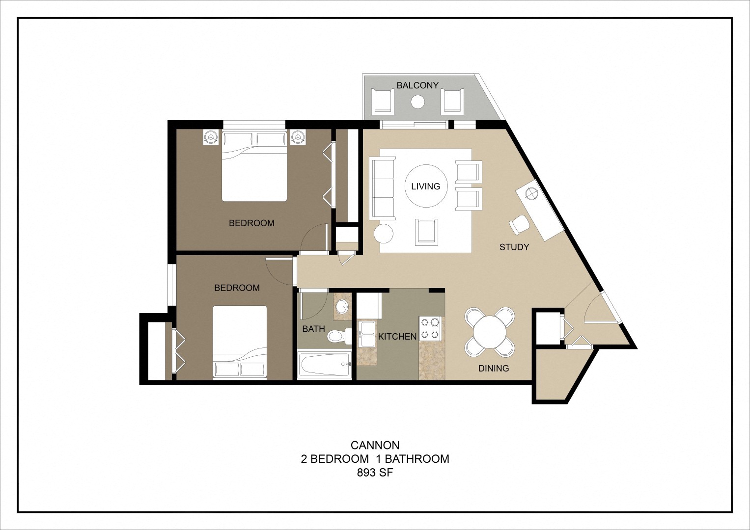A floor plan of a two bedroom, one bathroom apartment.