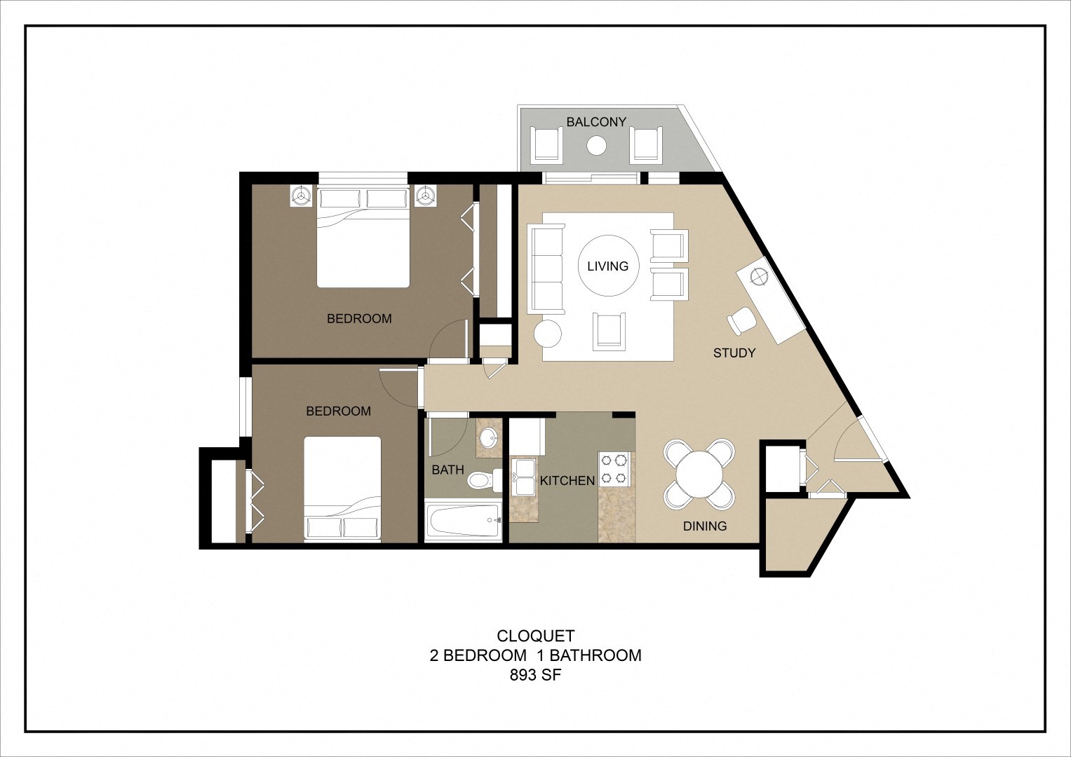 A floor plan of a house with two bedrooms, a living room, a study, a kitchen, a bathroom, and a dining area.