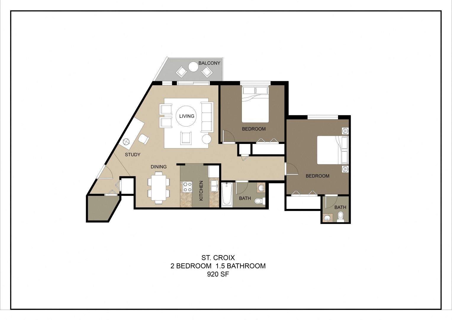 A floor plan of a home with two bedrooms, a living room, a study, a kitchen, and two bathrooms.