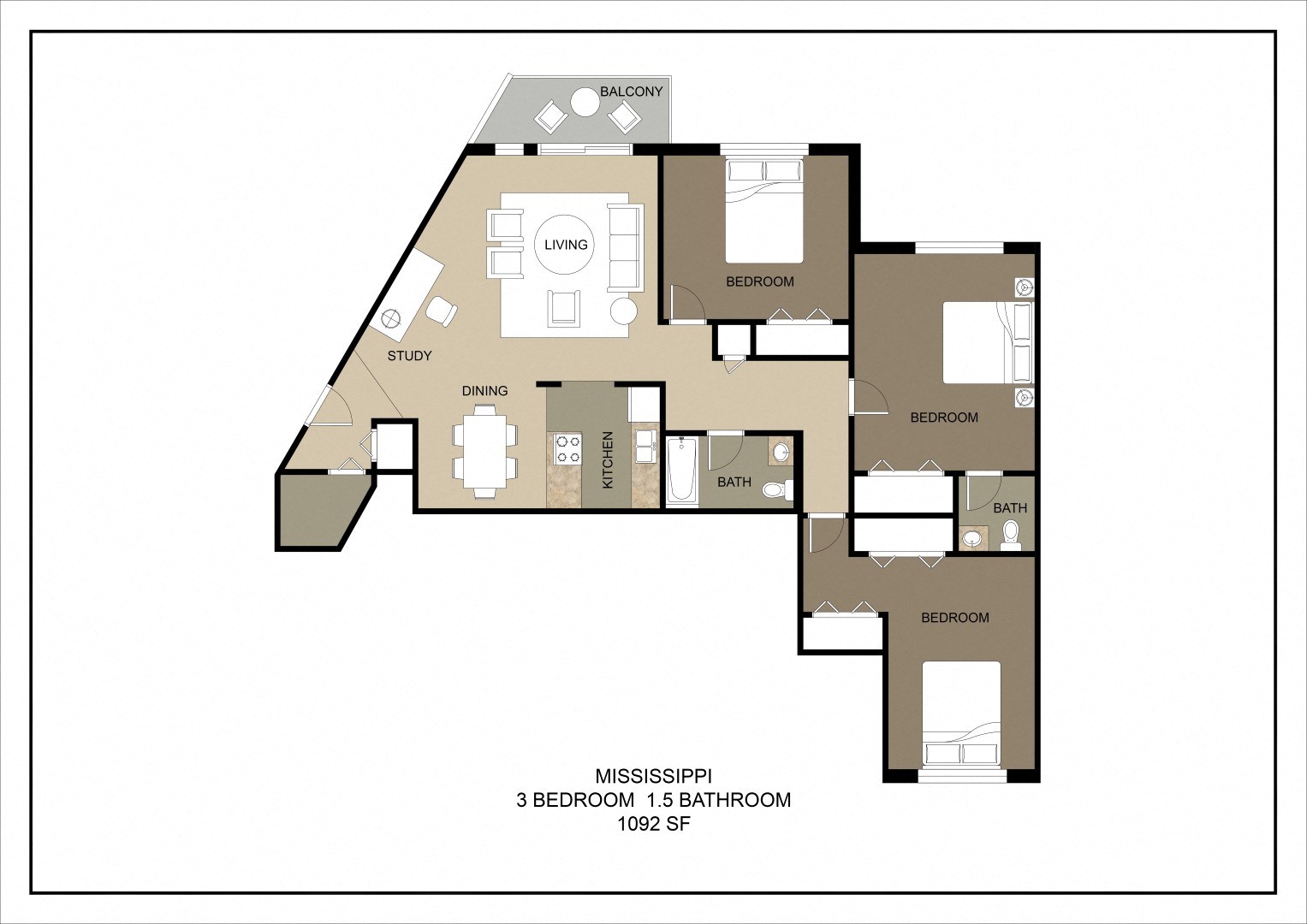 A floor plan of a MISSISSIPPI themed room with 3 bedrooms and 1.5 bathrooms.