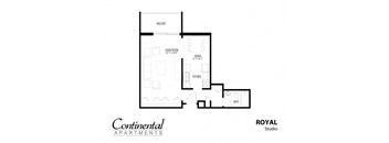A floor plan for apartment living shows a living room, kitchen, and bathroom.