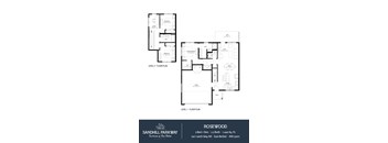 A floor plan for a 3 bedroom, 2 bathroom Rosewood apartment.