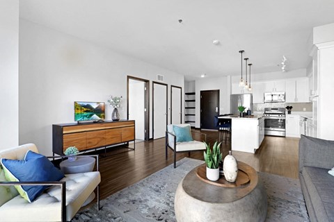 a living room with a couch and a table