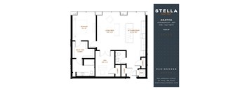 A floor plan for a one bedroom den and half bath apartment.