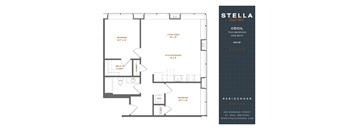 A floor plan for a Stella Residences Cecil apartment with two bedrooms and one bath.