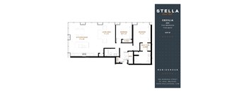 A floor plan for a Stella Residences property named Cecilia, which includes two bedrooms, two bathrooms, and a living area.