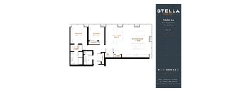 A floor plan for a two bedroom apartment with a living area and kitchen/dining space.