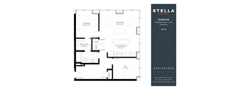 A floor plan for a Stella Dorian residence shows a one bedroom den with a bath, a living area, a kitchen, and a walk-through closet.