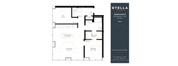 A floor plan for a one bedroom apartment with a living area, kitchen/dining area, and bathroom.