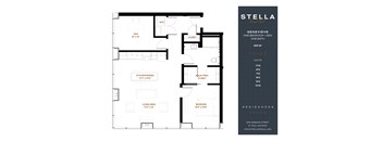 A floor plan for a one bedroom apartment with a living area, kitchen/dining area, and bathroom.