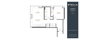 A floor plan for a one bedroom apartment with a living area, kitchen, bathroom, and closet.
