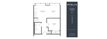 A floor plan for a one bedroom apartment at Stella Residences.