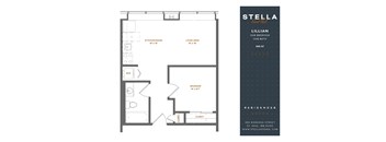 A floor plan for a one bedroom apartment with a living area, kitchen, bedroom, closet, and bathroom.