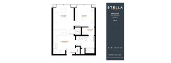 A floor plan for a one bedroom apartment at Stella Residences.