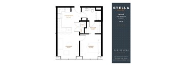A floor plan for a one bedroom apartment at Stella Residences.