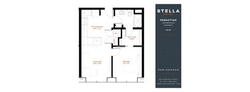 A floor plan for a one bedroom apartment with a living area, kitchen/dining area, and bathroom.
