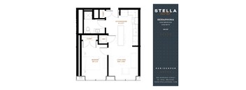 A floor plan for a one bedroom apartment at Stella Residences.