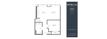A floor plan for a one bedroom apartment with a living area, kitchen, bedroom, and closet.