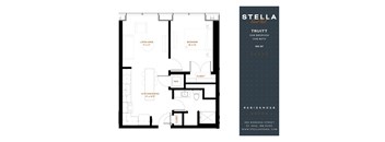 A floor plan for a one bedroom apartment at Stella Residences.