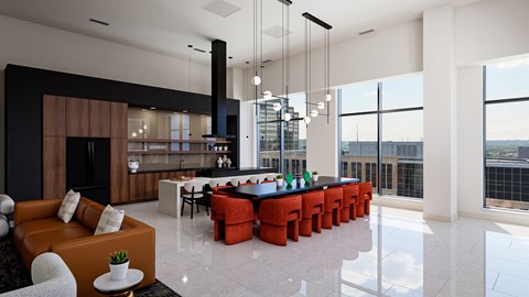 A modern living room with a fireplace and a long table.