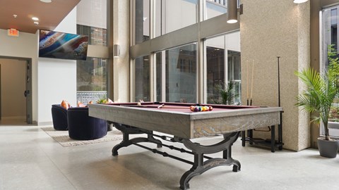 A pool table in a room with a plant on the side.