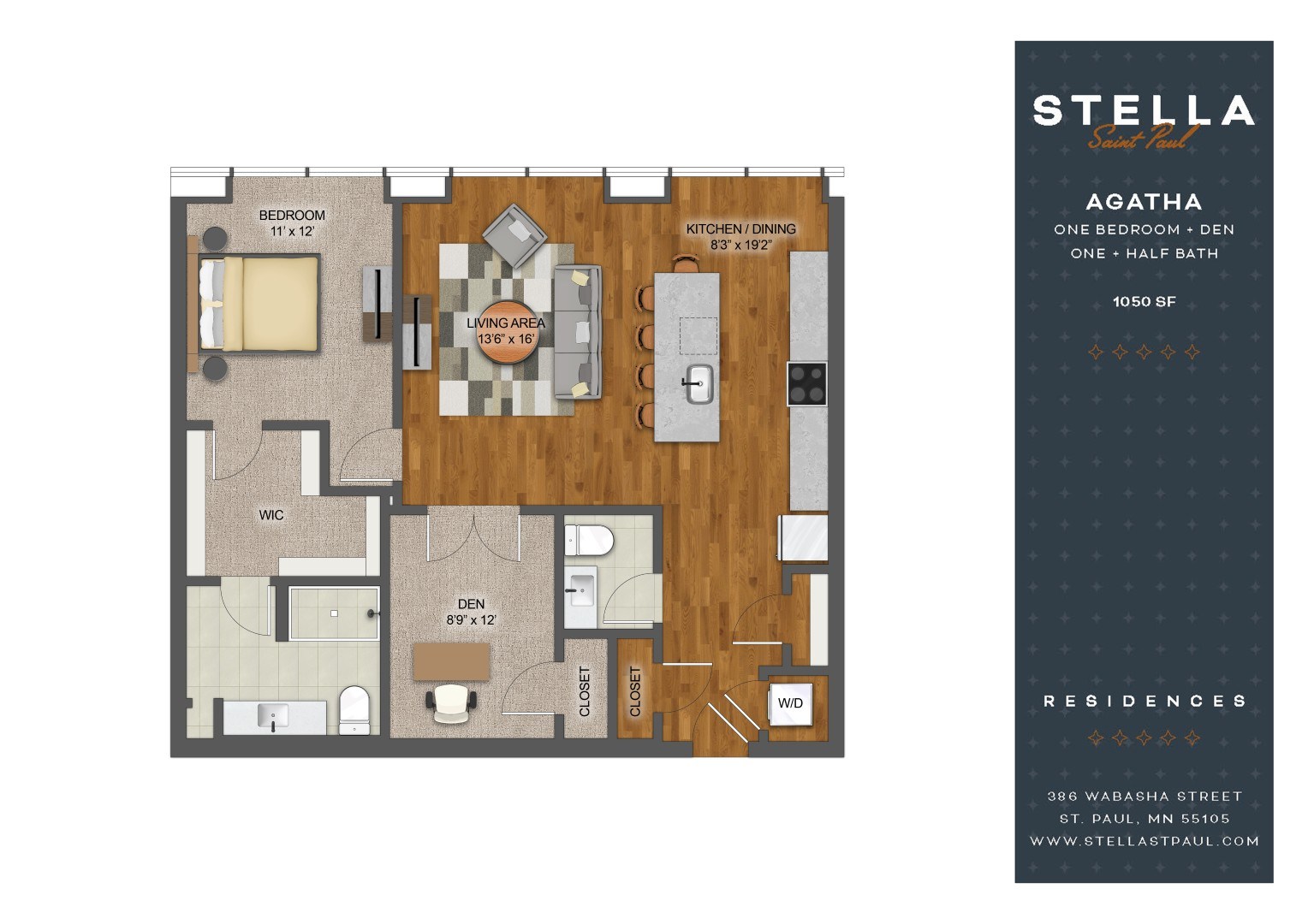 A floor plan of a one-bedroom apartment with a living area and kitchen.