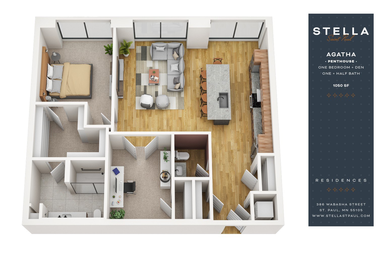 A floor plan of a one-bedroom apartment with a living room, kitchen, and bathroom.