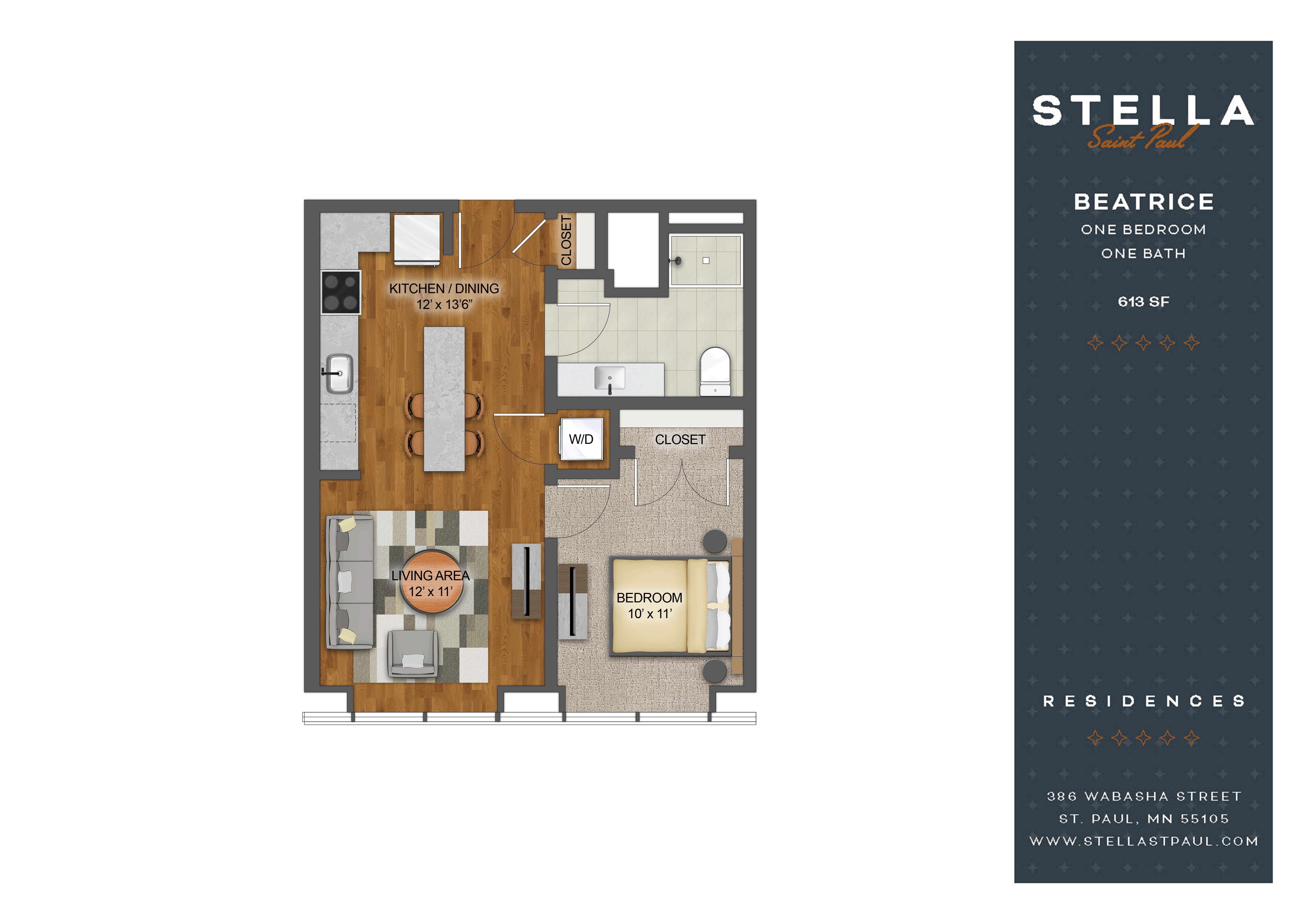 1Bd 1Bth O Floor Plan at Stella St. Paul Apartments, St. Paul, MN, 55102