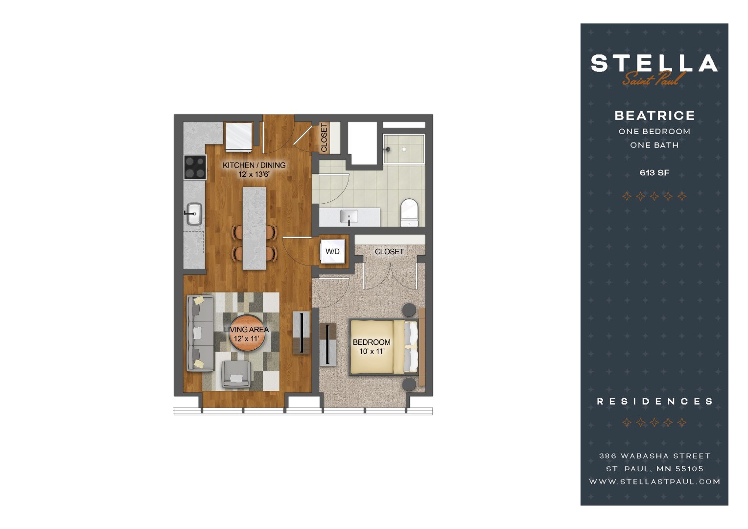 A floor plan of a one bedroom apartment with a kitchen, dining area, and bathroom.