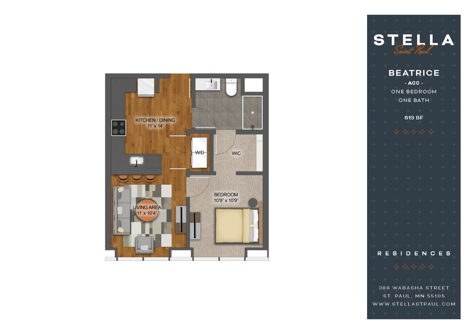 A floor plan for a one bedroom apartment at Stella Residences.