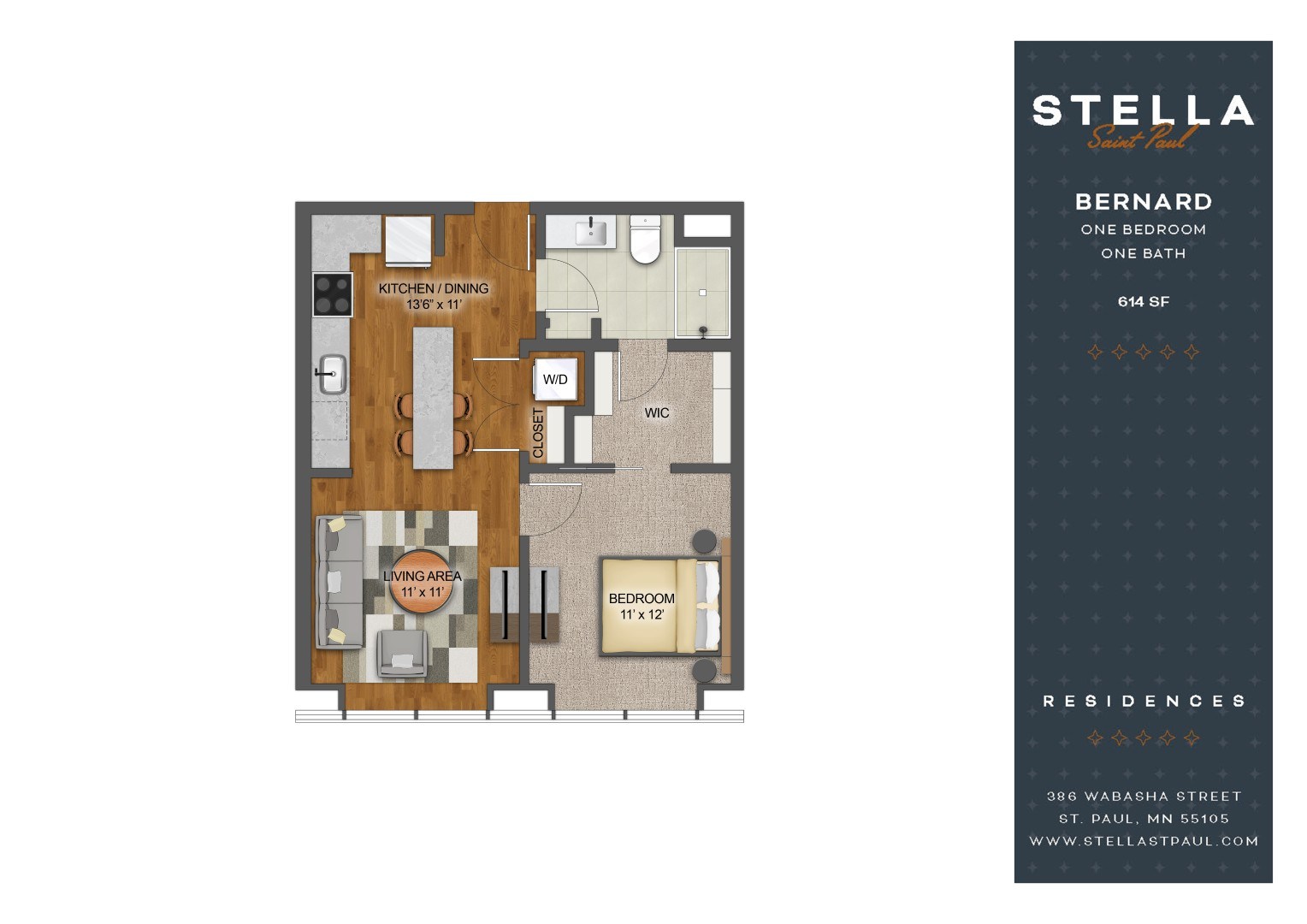 A floor plan of a one bedroom apartment with a kitchen, dining area, and bathroom.