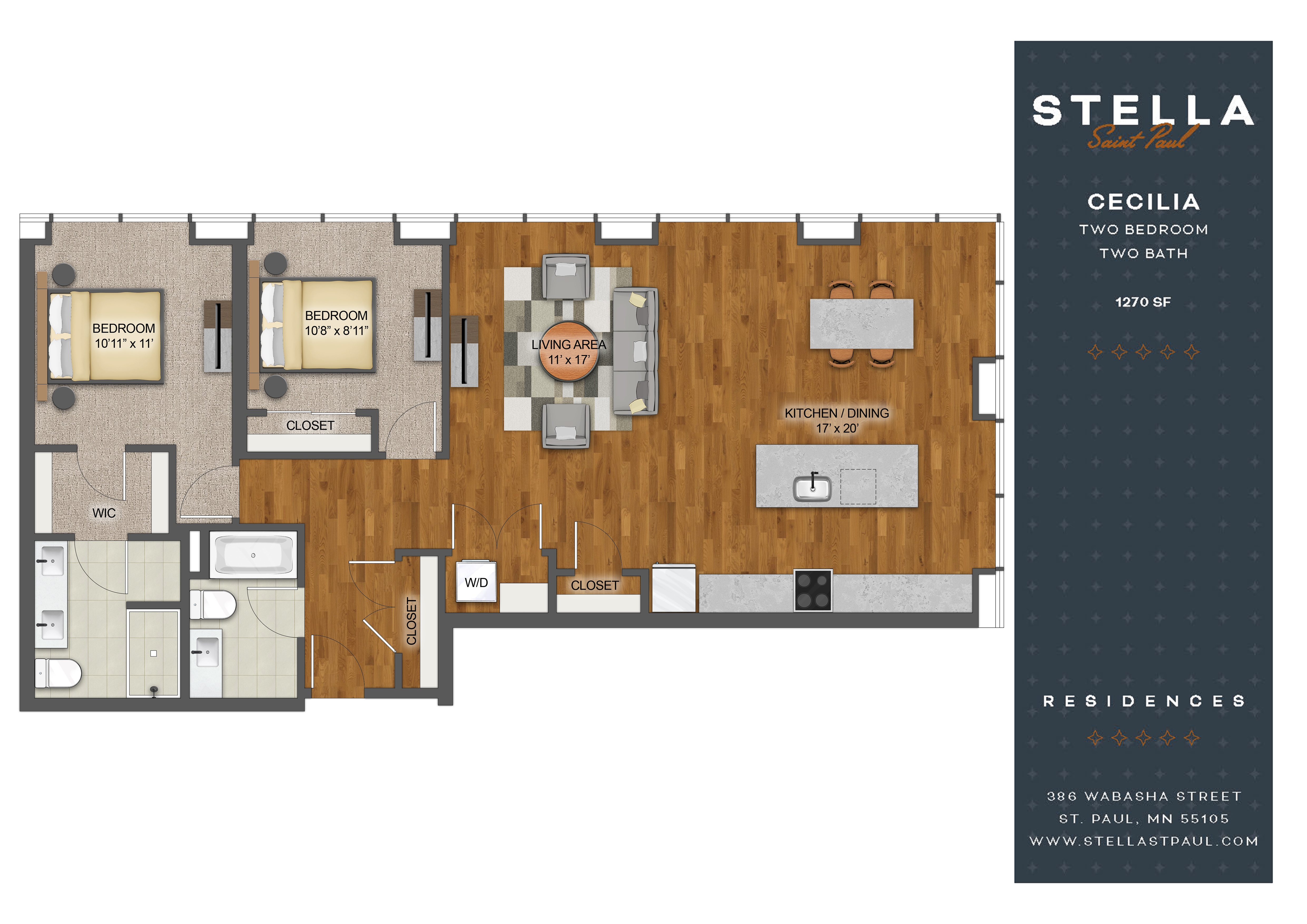 2Bed 2Bath L Floor Plan at Stella St. Paul Apartments, St. Paul, MN, 55102