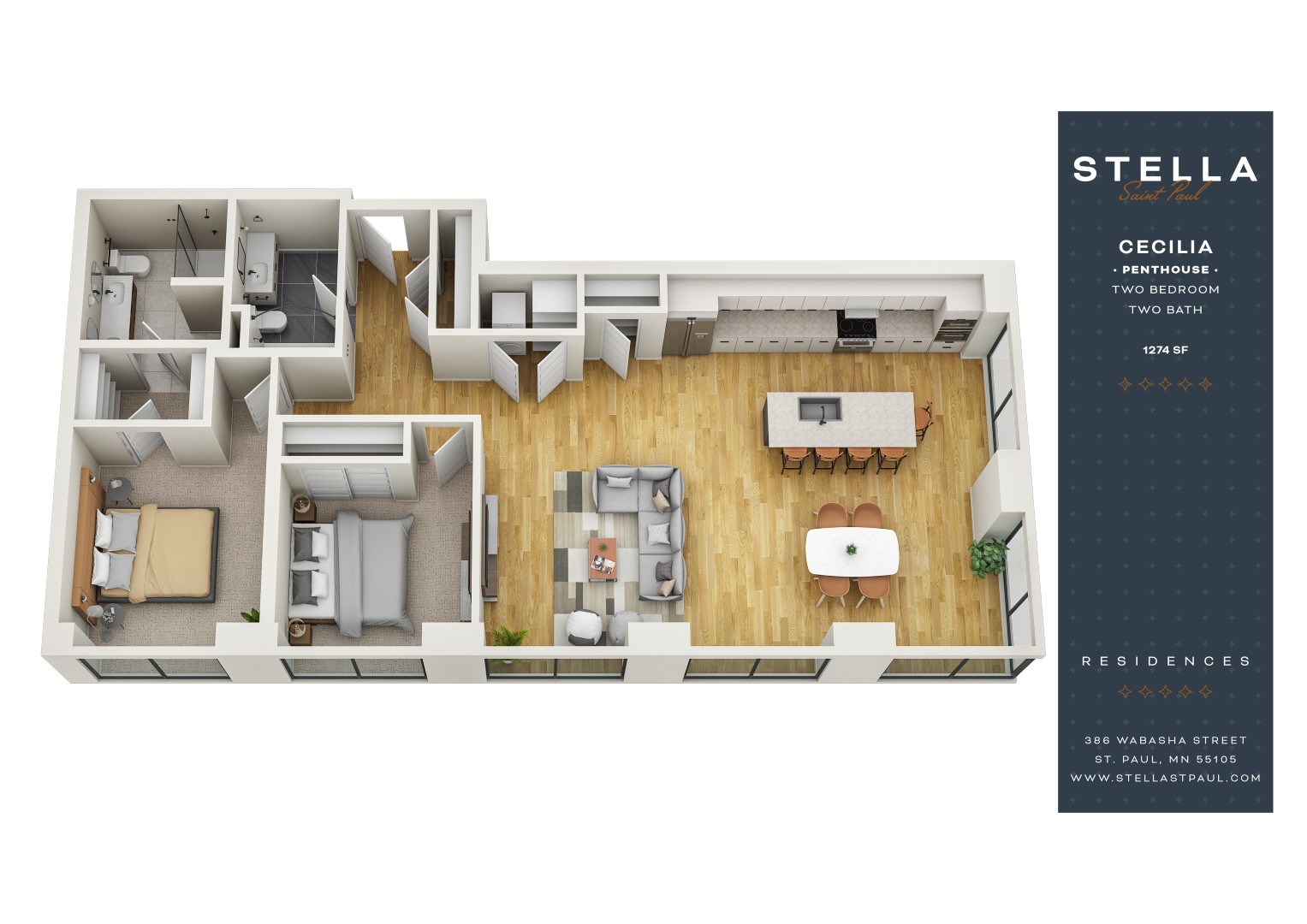 A floor plan of a two bedroom apartment with a living room and two bathrooms.