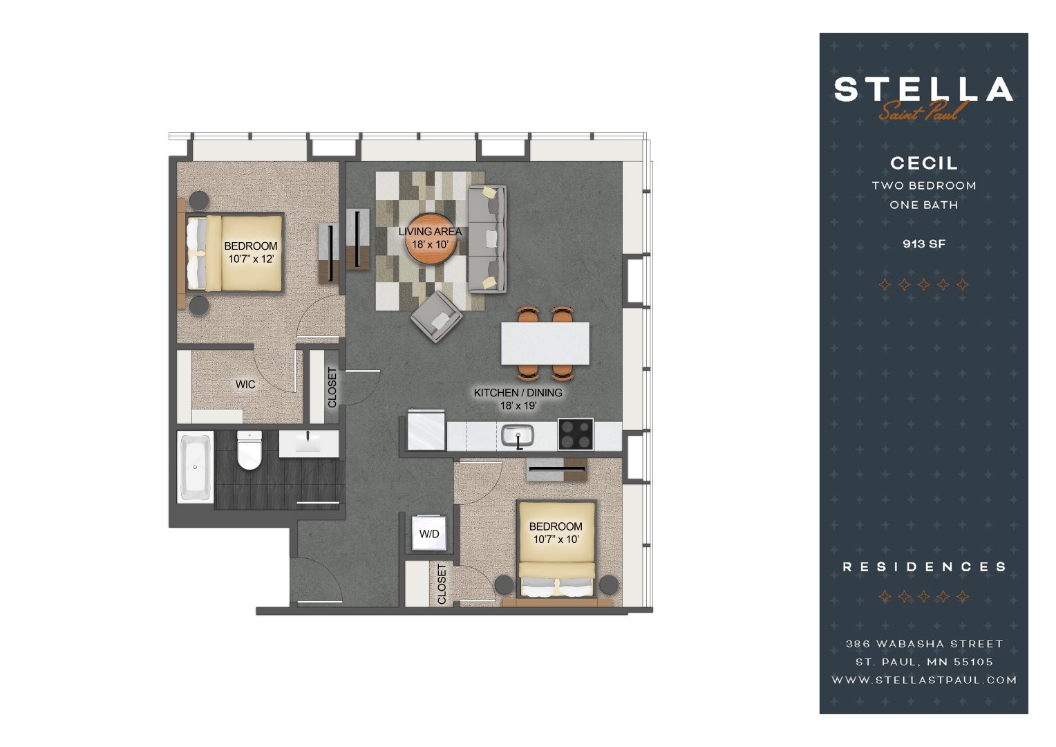 A floor plan of a Stella Residences apartment, showing a kitchen, living area, dining area, and two bedrooms.