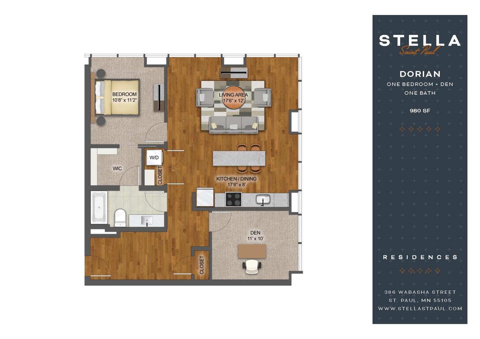 A floor plan of a one bedroom apartment with a den and one bathroom.