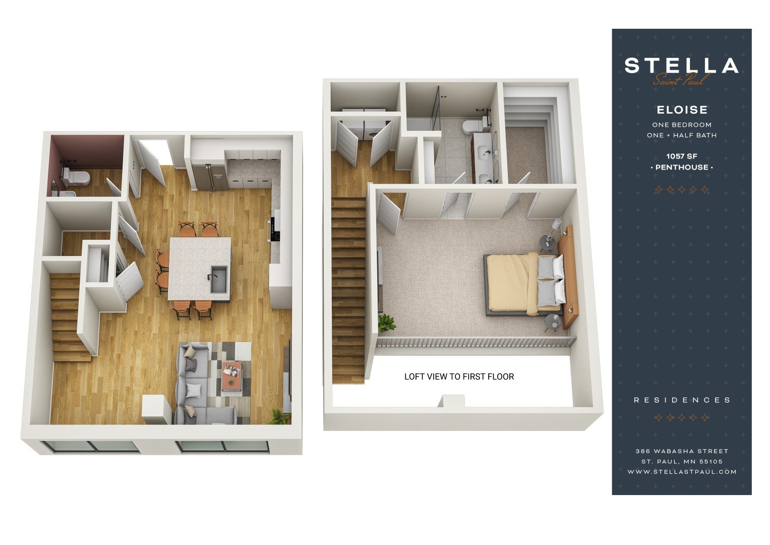A Stella Residences advertisement shows a one bedroom apartment with a loft view to the first floor.