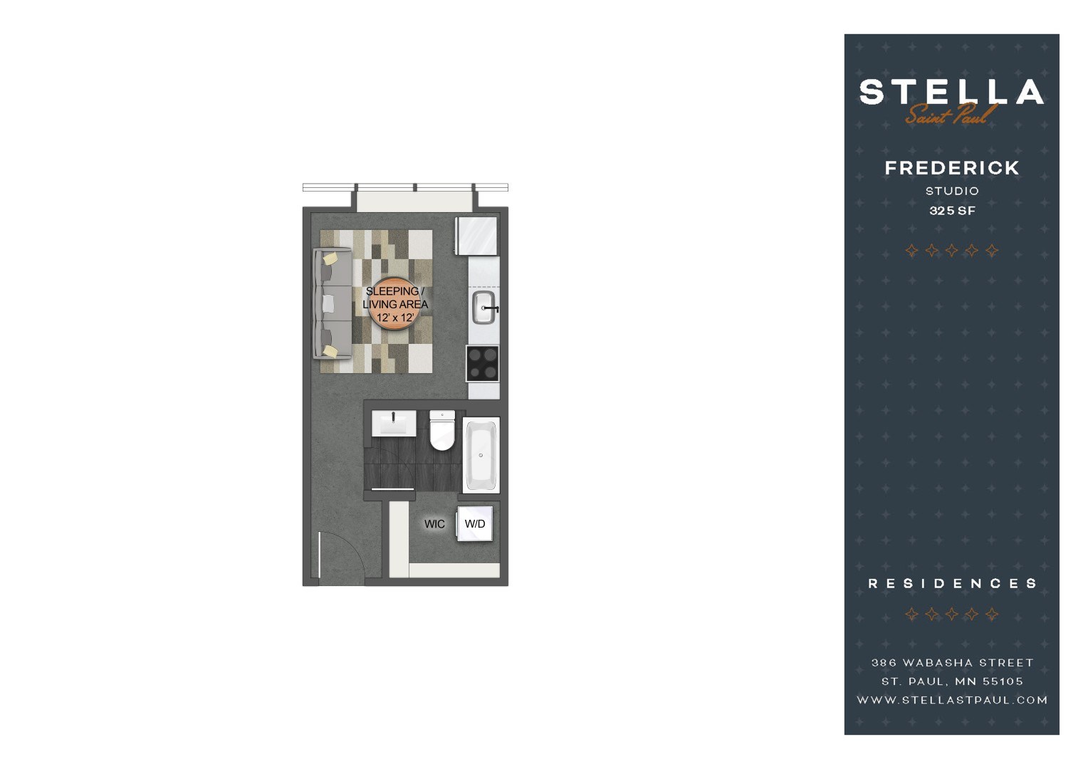 A poster for Stella Residences featuring a floor plan and an elevator.