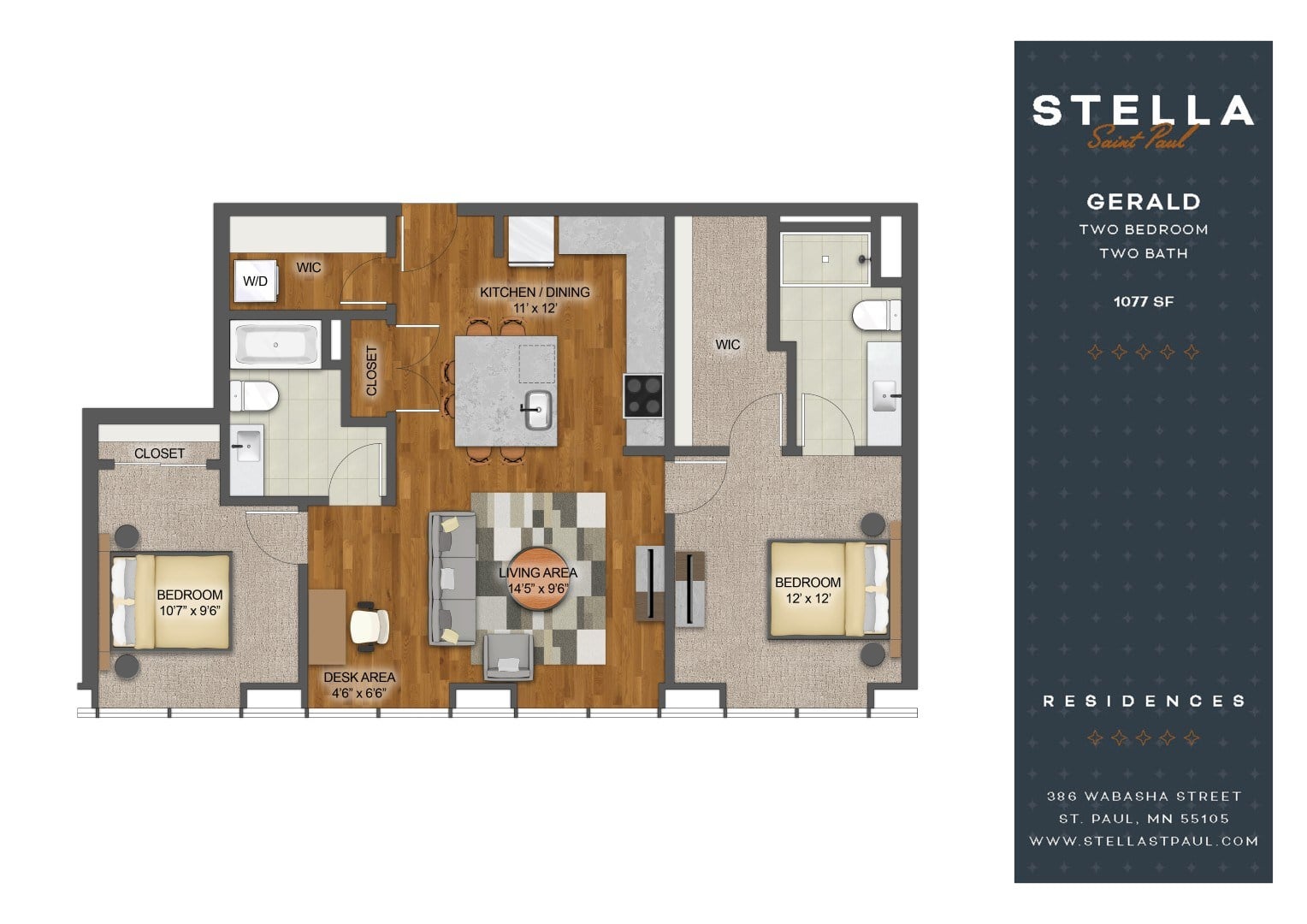 A floor plan of a two bedroom apartment with a living area and kitchen.