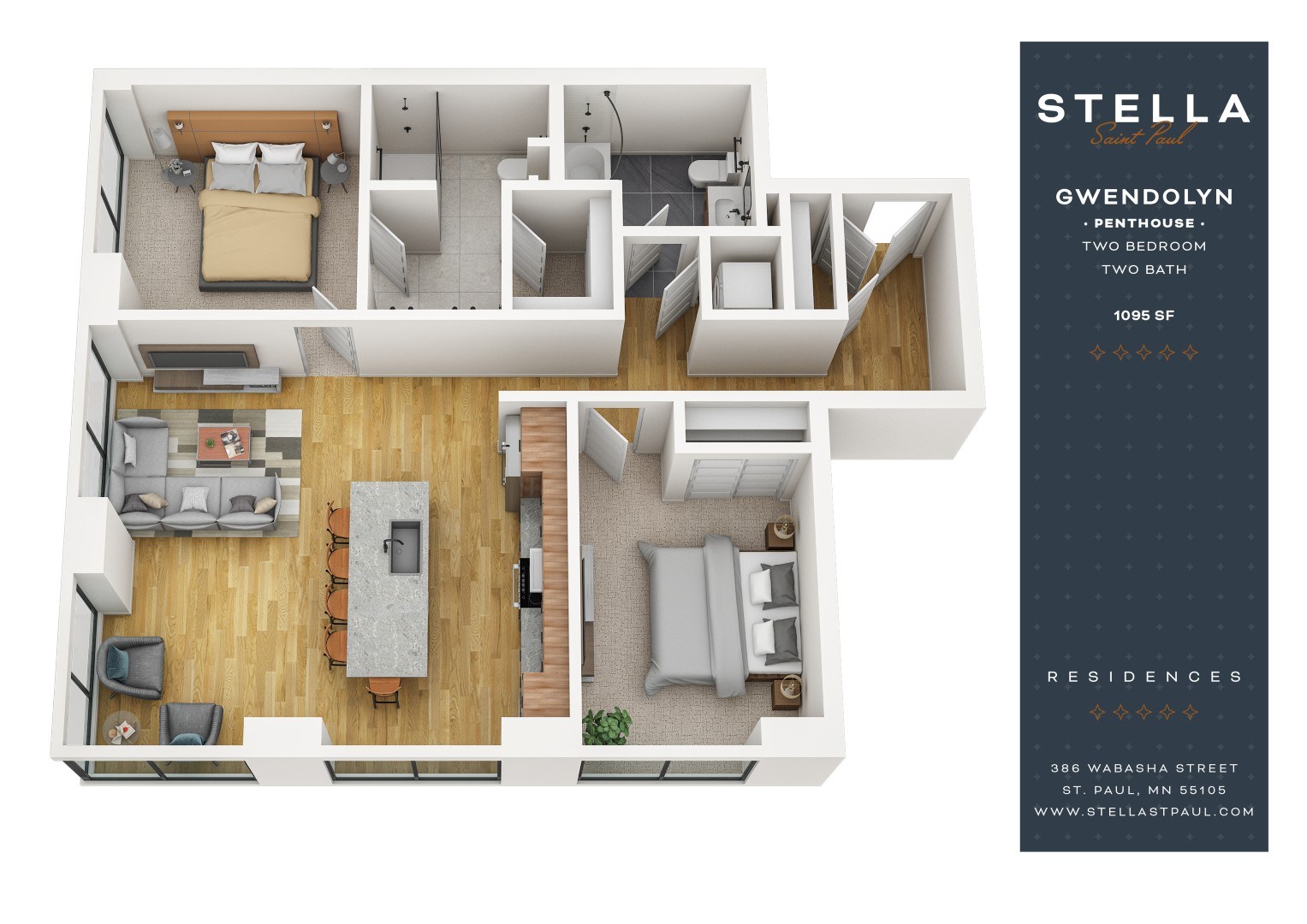 A floor plan of a penthouse with two bathrooms is shown.