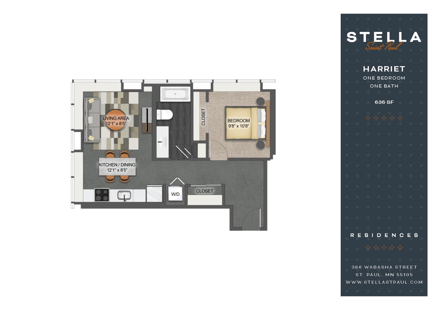 A floor plan of a one bedroom apartment with a bathroom and closet.