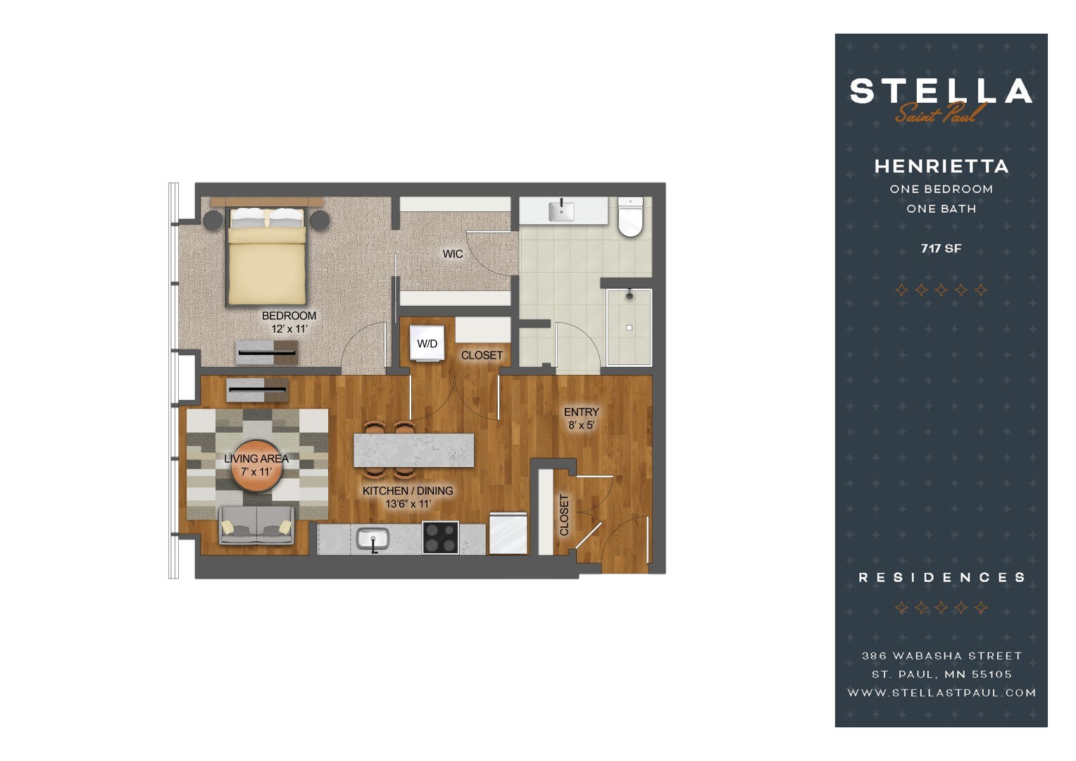 A floor plan of a one bedroom apartment with a living area and kitchen.
