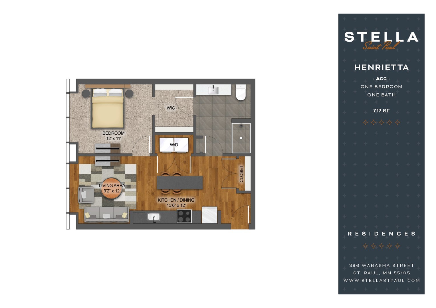 A floor plan for a one bedroom apartment at Stella Residences.