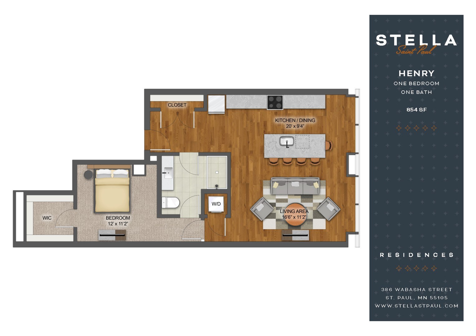A floor plan for a one bedroom apartment with a living area and kitchen.