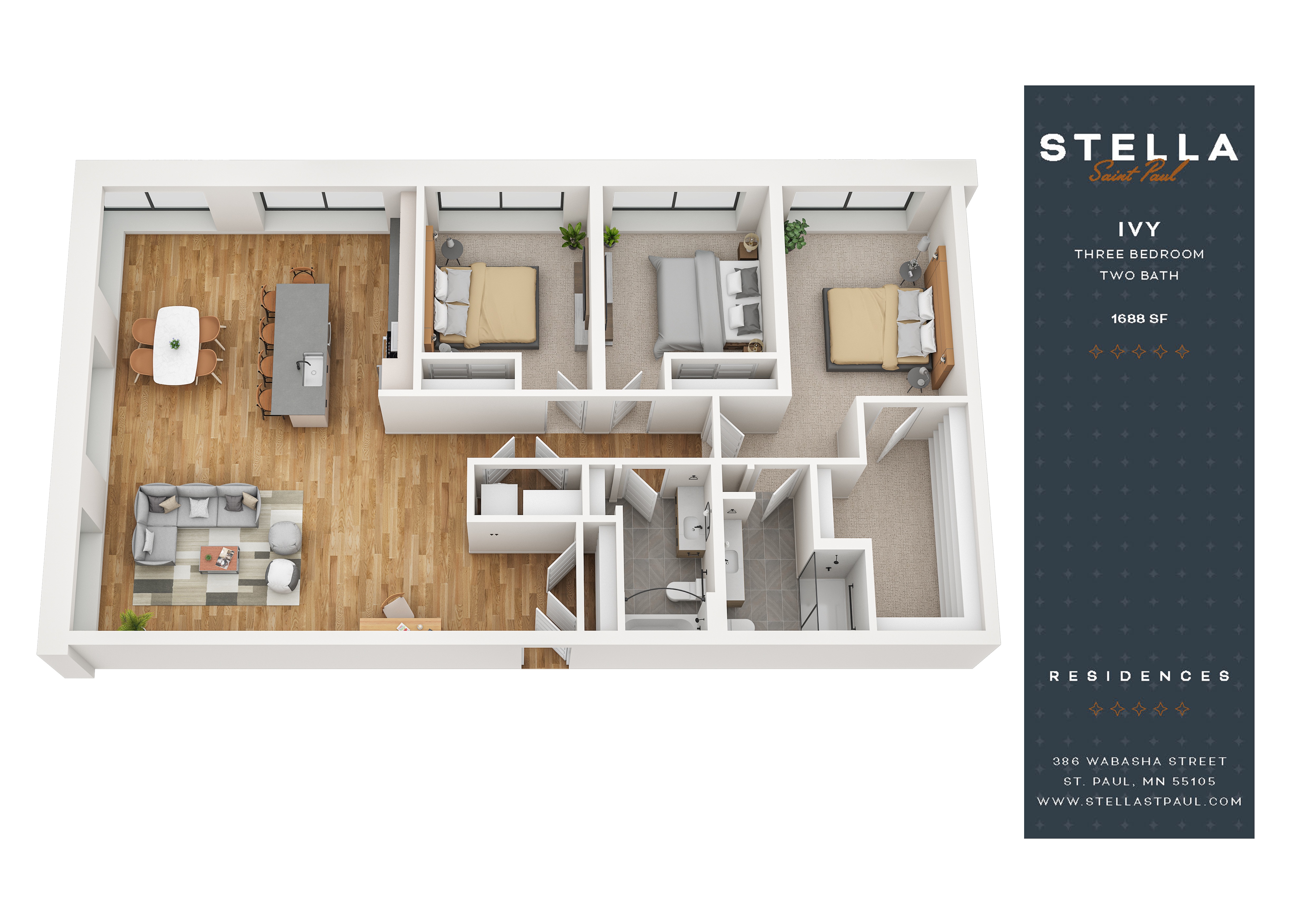 3Bed 2Bath B Floor Plan at Stella St. Paul Apartments, St. Paul, MN