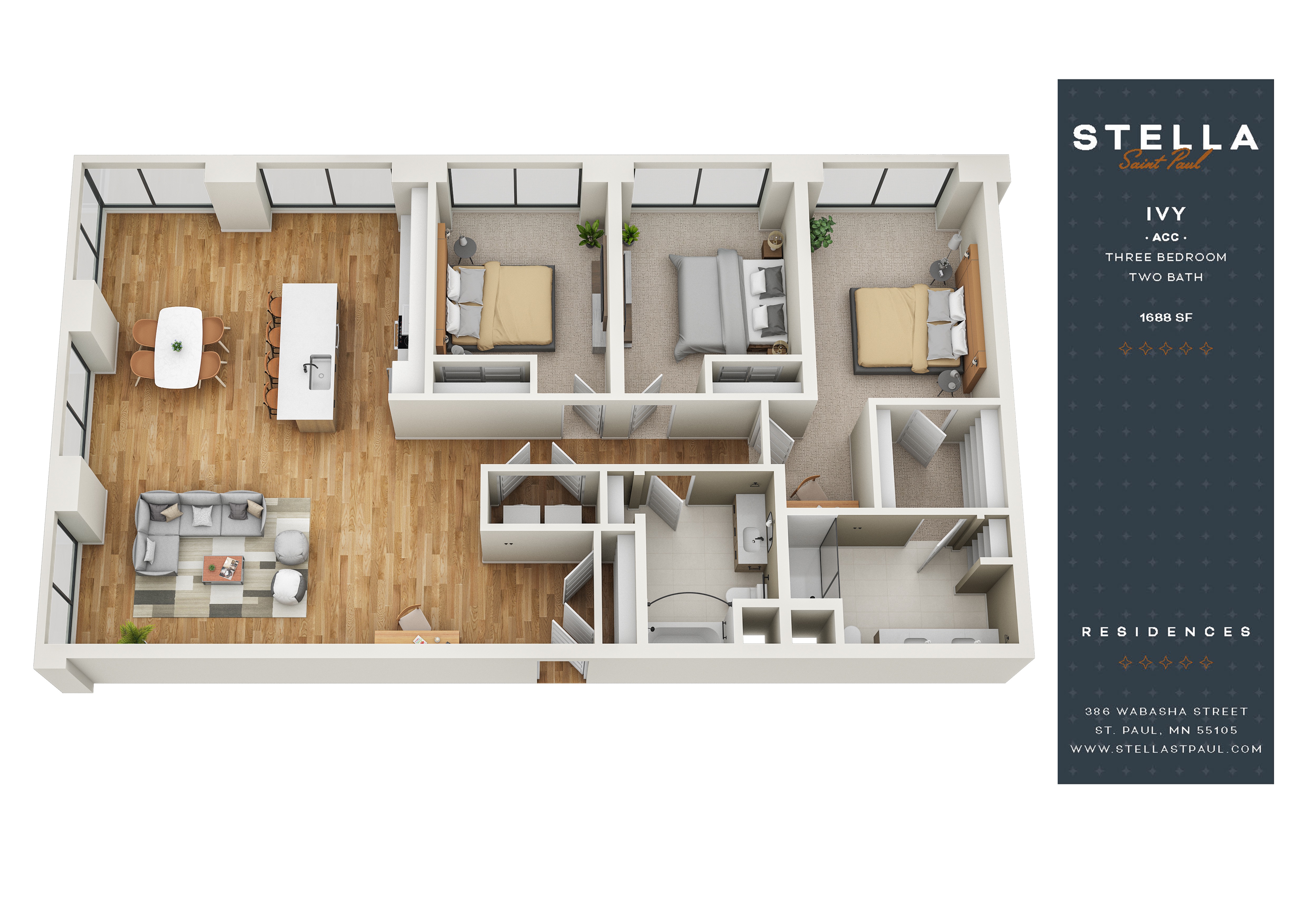 3Bed 2Bath C Floor Plan at Stella St. Paul Apartments, St. Paul, 55102